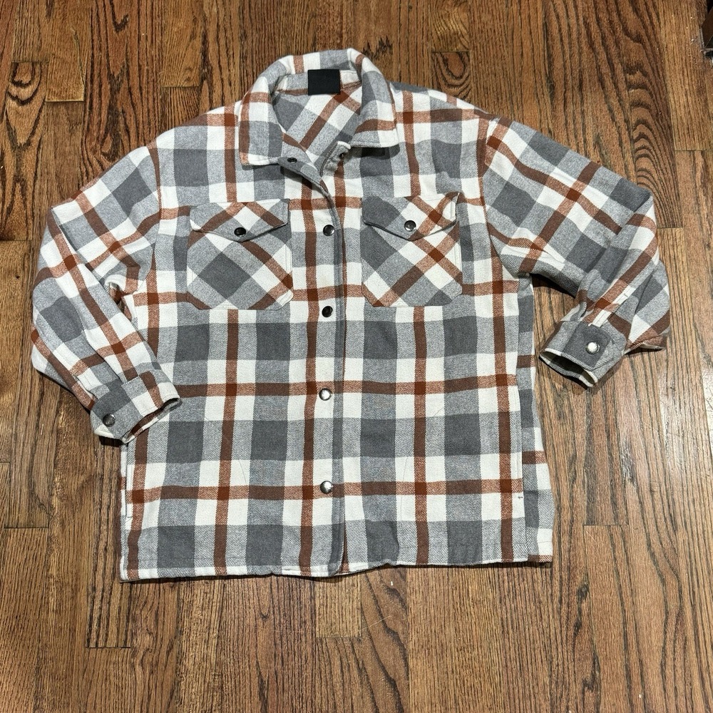 HFX Flannel Snap Jacket Women's Size S Gray & Brown Plaid W/Pockets